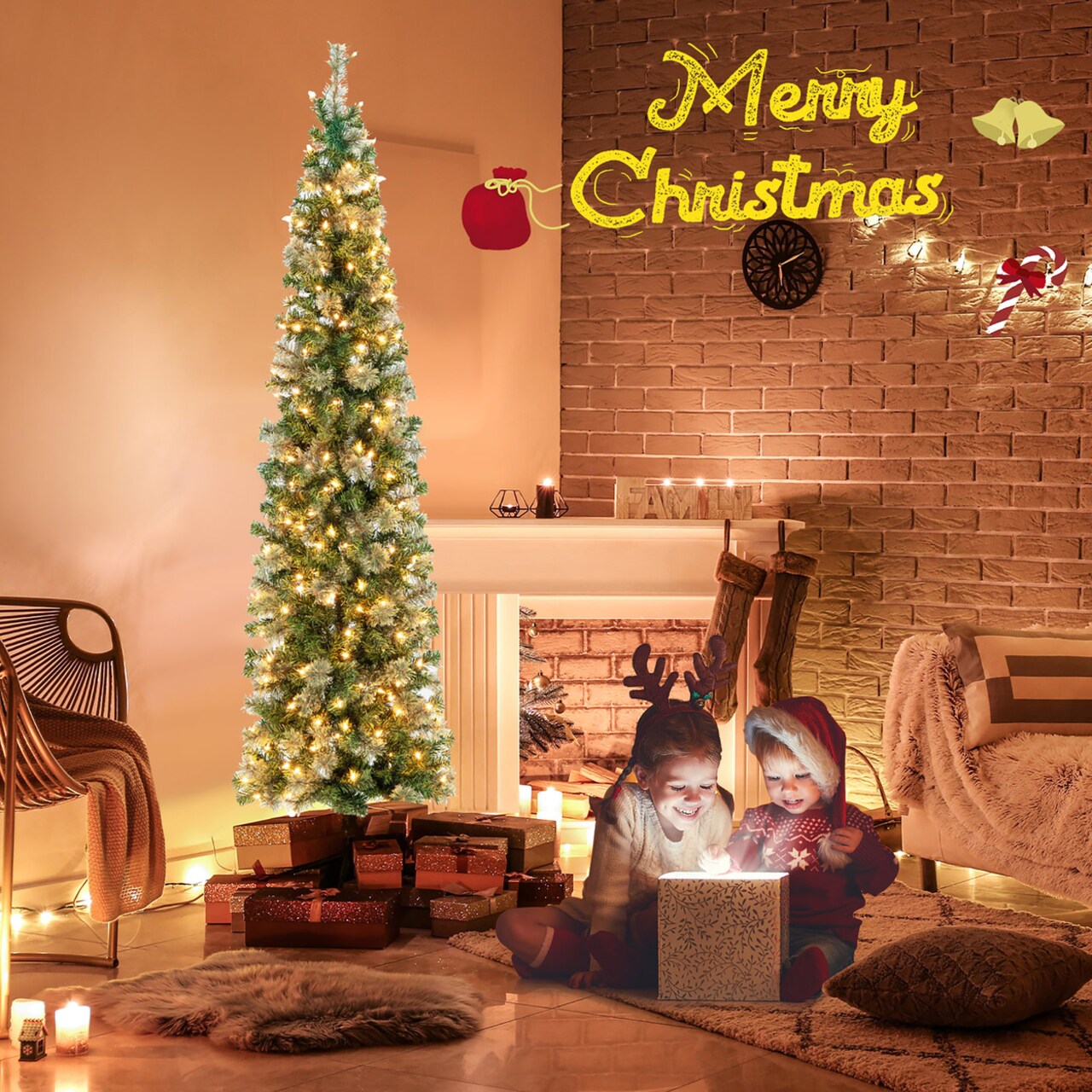 7Ft Pre-Lit Pvc Half Christmas Tree Pine Needle Lamp Tree W/ Branch Tips And Lights